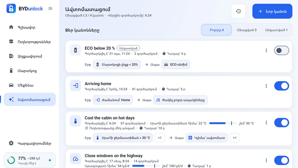 Ավտոմատացման էկրանը՝ չորս կանոն, օրինակ՝ փակել բոլոր ապակիները տուն հասնելիս։