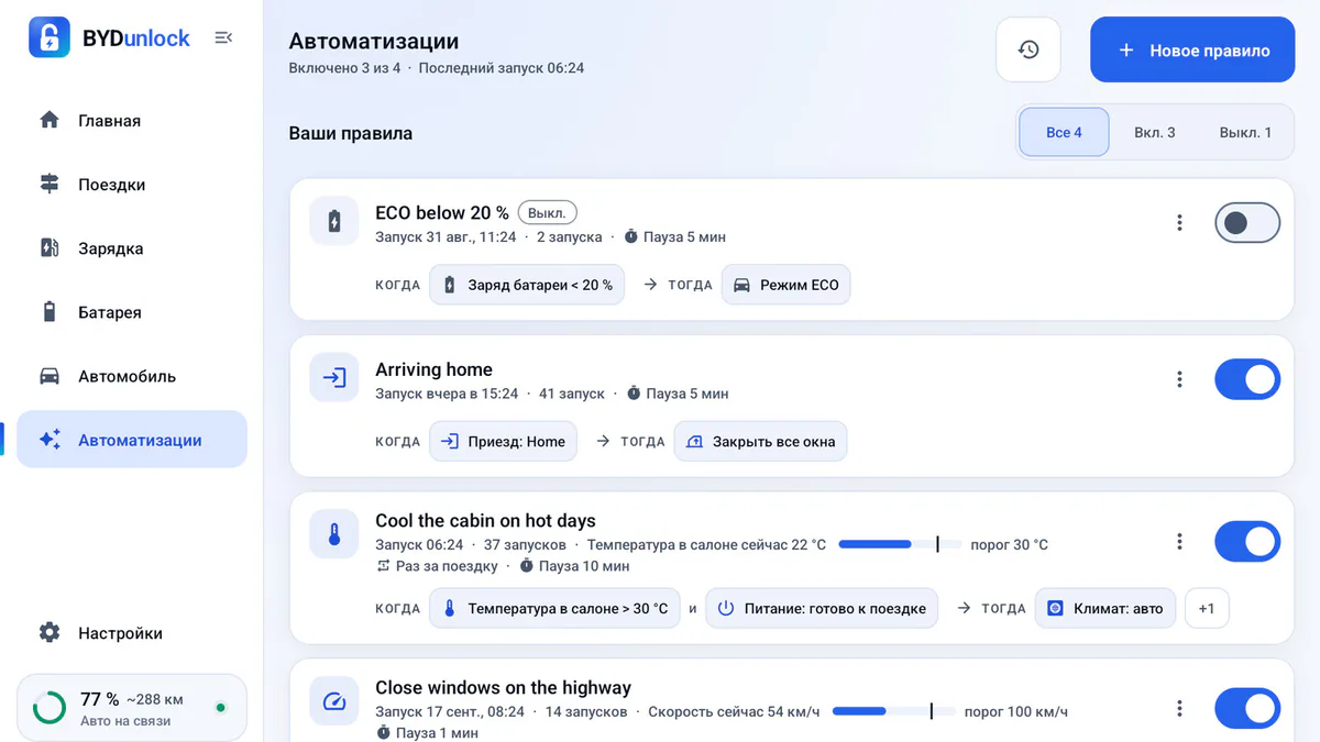 Экран автоматизаций с четырьмя правилами, например закрыть все окна по приезде домой.