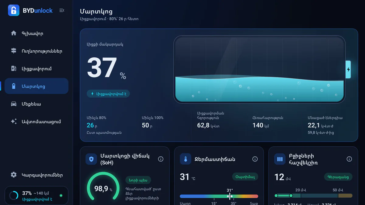 Battery screen in Armenian, dark theme.