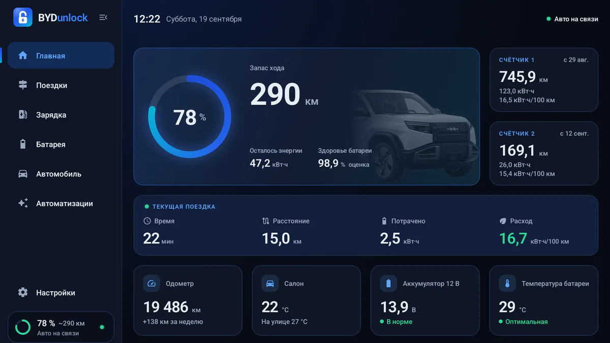 Главный экран BYDunlock на головном устройстве DiLink: заряд 78 %, запас хода 290 км, два счётчика поездок и текущая поездка.